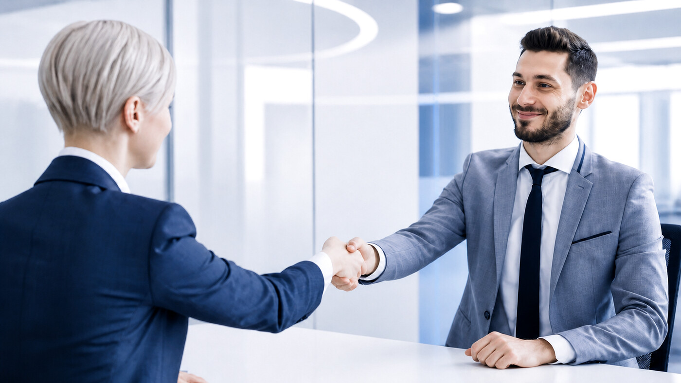 Two colleagues shaking hands across a desk in a bright office